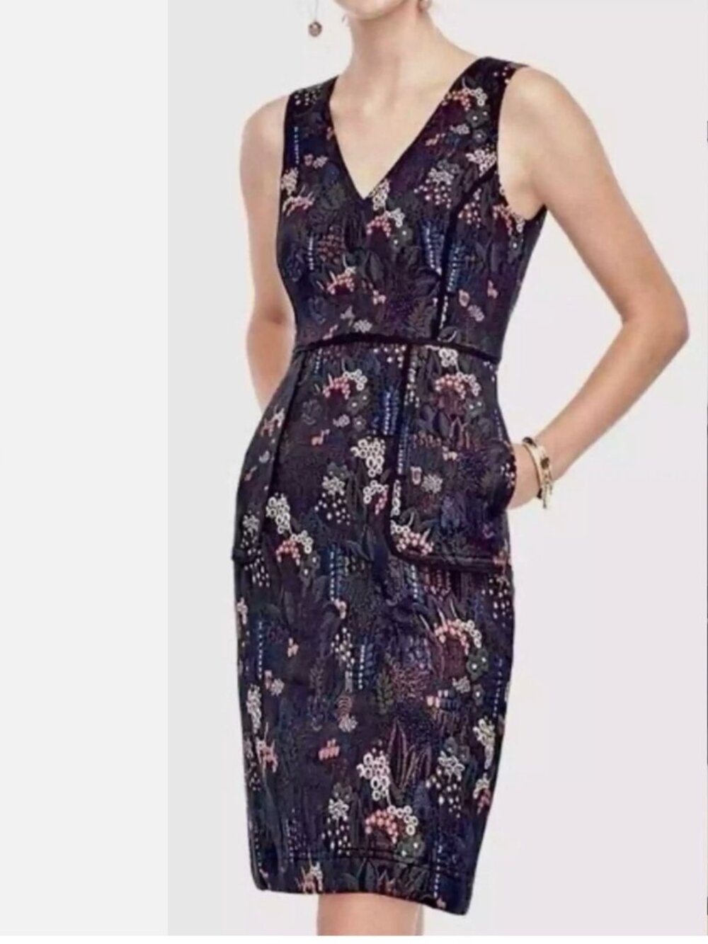 Ann Taylor Navy Blue Metallic Floral V Neck Dress Sz 2 Sleeveless Jacquard
